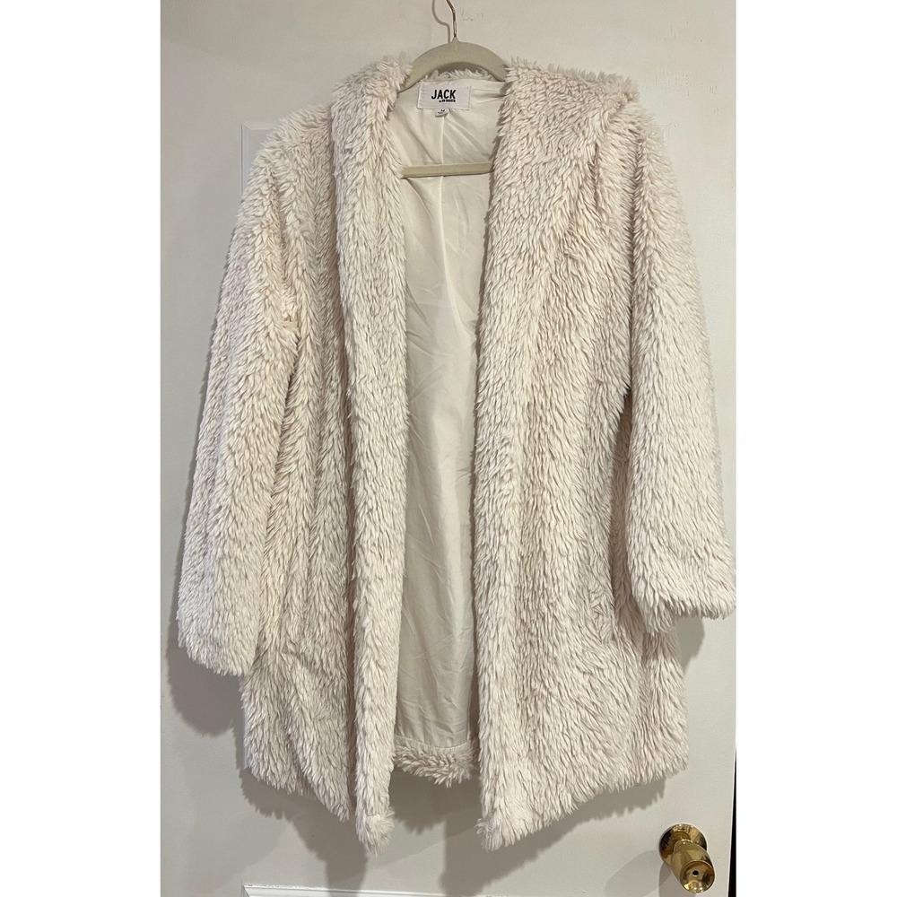 Jack by BB Dakota Women Cream Faux Fur Hooded Open Front Coat Jacket Medium